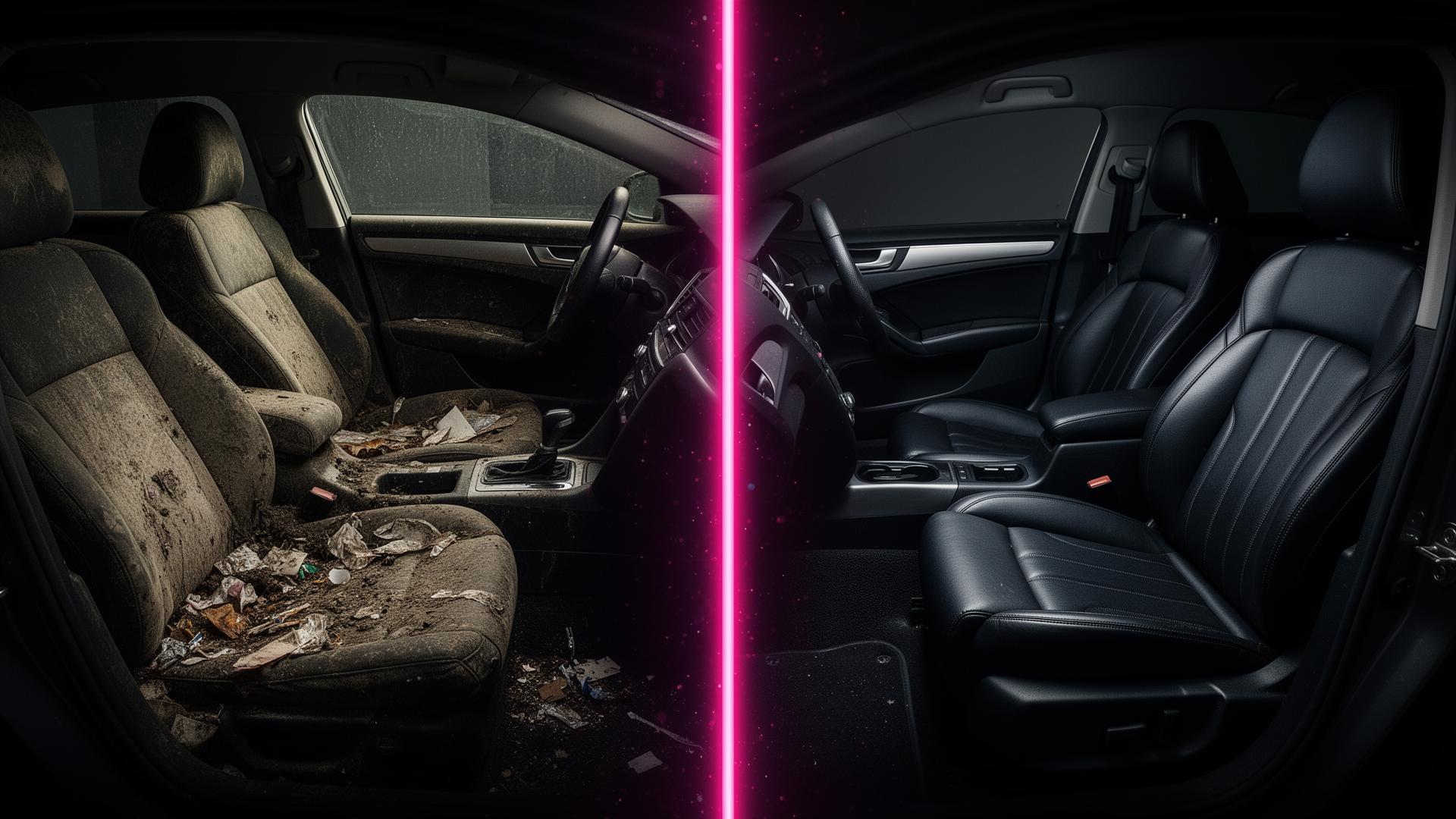 Before and after car interior detailing transformation